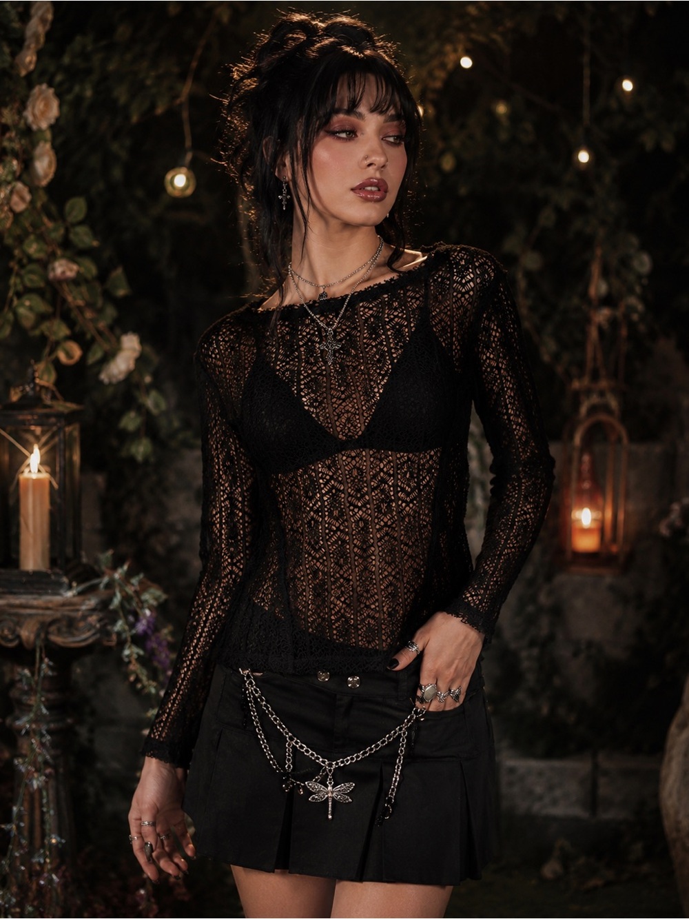 Free People Sheer Lace Bell Sleeve Top Boho Gothic Fairy Grunge Large